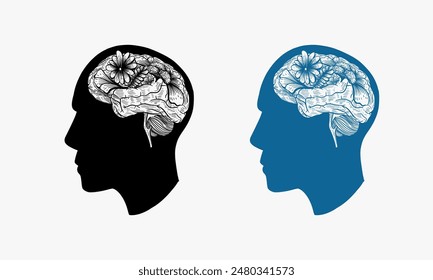 Human Brain with Flower hand drawn illustration, Mind Therapy Illustration vector