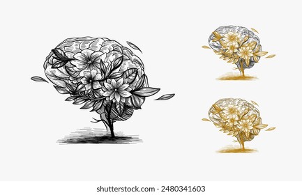 Cerebro humano con la ilustración dibujada a mano de la flor, Vector de ilustración de terapia mental