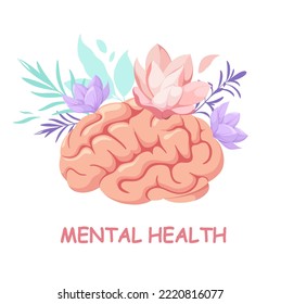 Human brain with flowers on a white background. Mental health. Cartoon design.
