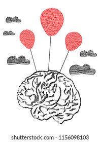 The human brain is flying in balloons across the sky with clouds. Brainstorming, flight of ideas, thoughts. Conceptual hand-drawn vector illustration in Doodle style, flat design.