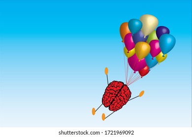Human brain and flying balloons. Concept of distraction, concentration, falling in love.