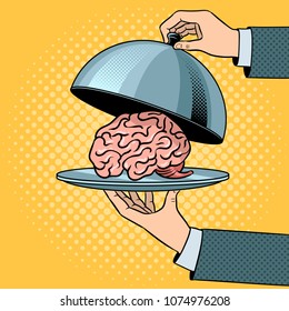 Human brain as food on dish with cloche pop art retro vector illustration. Comic book style imitation.