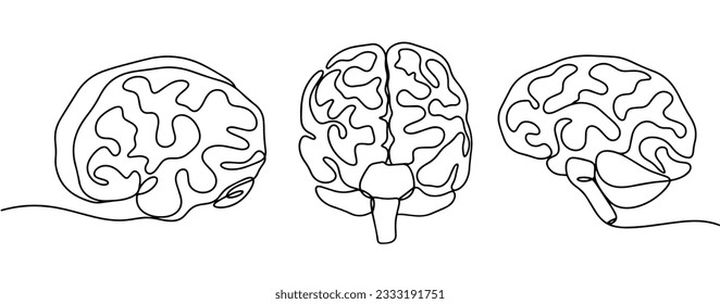 The human brain in foreshortenings and turns. World Brain Day. One line drawing for different uses. Vector illustration.