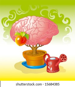 Human brain in the form of a crone of a tree growing from a pot with the ground (vector)