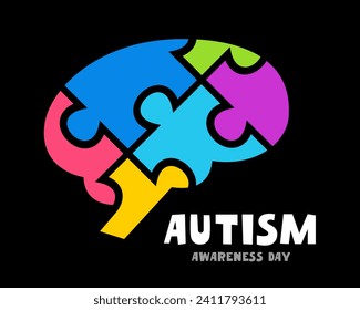 The human brain - in the form of six colored puzzle pieces. Autism Awareness Day. Vector illustration on a black background.