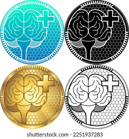 Human Brain Front View Central Nervous System Healthy Assurance Guarantee Medical Logo, Set of Round Icon Pictogram, Black-White Silhouette, Golden Badge, Line Art Isolated on White Background