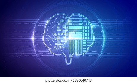 Human Brain Front View, Frontal Lobe, Central Nervous System, Neuron, Neural Networks, Cybernetic Futuristic Robotic Circuit Board Translucent Neon Glow Medical Hologram Backdrop Background