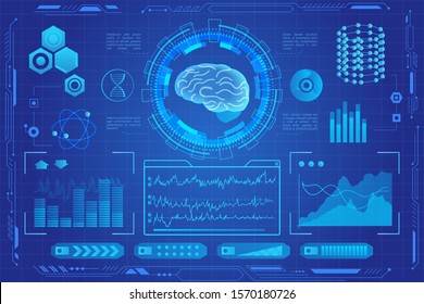 Human Brain Futuristic Medical Hologram Vector Illustration. Brain Model Screening Virtial Reality Interface. Diagrams, Pie Chart Infographics. Vr And Ar Medicine And Healthcare Icons