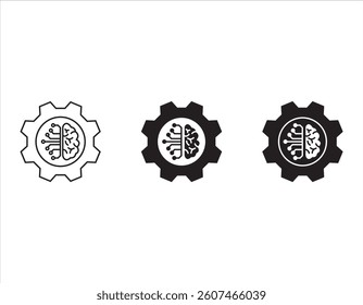 Human brain with gear line icon set. Robot technology and engineering thinking symbol. For your website, logo, app, UI design. Vector illustration, isolated on white background.