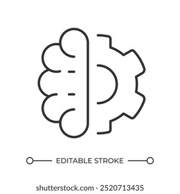 Ícone linear do cérebro humano e da engrenagem. Combinação de lógica e criatividade. Resolução de problemas. Pensamento humano e tecnologia. Ilustração em linha fina. Símbolo de contorno. Desenho de contorno de vetor. Traçado editável