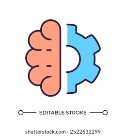 Ícone de cor RGB do cérebro humano e da engrenagem. Combinação de lógica e criatividade. Resolução de problemas. Pensamento humano e tecnologia. Ilustração isolada de vetor. Desenho de linha preenchido simples. Traçado editável