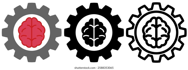Human brain with gear wheel icon, simple flat style, illustration, logo sign symbol pictogram template, for ui or ux isolated on white for mobile app, editable