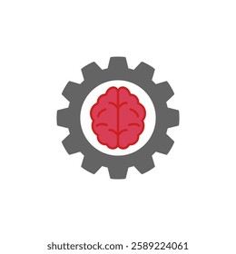 Human brain with gear wheel icon, simple flat style, illustration, logo sign symbol pictogram template, for ui or ux isolated on white for mobile app, editable