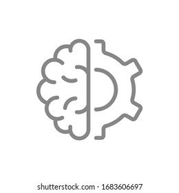 Cerebro humano con icono de línea de rueda de engranajes. Ingeniería, símbolo de pensamiento de tecnología robótica