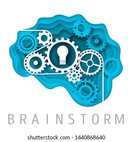 Human brain with gears, cogwheels and light bulb, vector illustration in paper art style. Brainstorm, brain power, new innovative idea concept for web banner, website page etc.