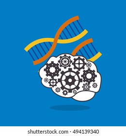 human brain with gears inside and dna strand icon image 