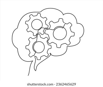 Cerebro humano con engranajes en el interior, dibujado en una línea sobre un fondo blanco. Dibujo de una línea. Línea continua. Vector