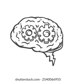 Cerebro humano con engranajes dentro del icono de línea. Esquema dibujado a mano boceto de la idea técnica en mente. Desarrollo de soluciones, mascota de la innovación, cerebro con ruedas dentadas de la Ilustración vectorial del icono del mecanismo