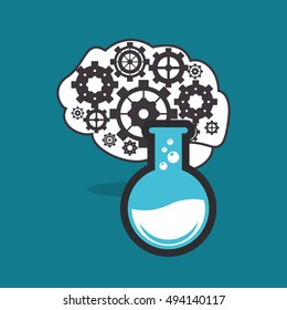human brain with gears inside and round bottom flask icon image 