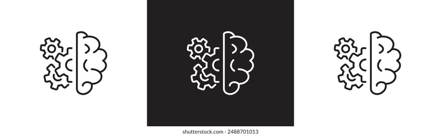 Human brain with gears line icon. Engineering, robot technology thinking symbol, brain management, Brain gear vector illustration icon isolated on black and white transparent background.