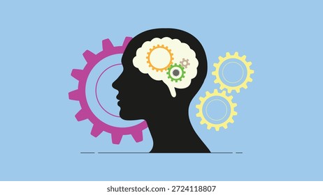Cerebro humano con engranajes, mente mecánica en cabeza, rotación de rueda dentada sobre fondo azul, tecnología e innovación