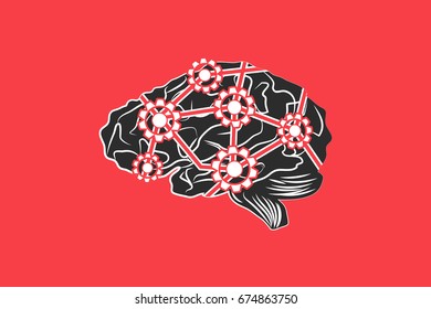 Human brain with gears in modern flat style. Thinking process concept.