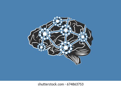 Human brain with gears in modern flat style. Thinking process concept.