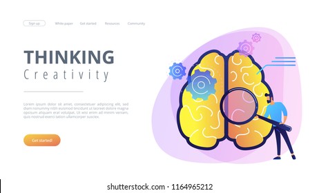 Human brain with gears thinking and user with magnifier. Thinking and creativity concept landing page. Brainstorming, creativity and business ideas, invention, violet palette. Vector illustration.