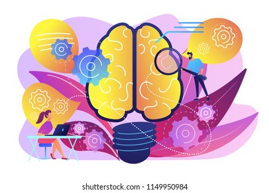 Human brain with gears thinking and users. Creating ideas and thoughts, brainstorming, creativity and business ideas, thinking and invention concept, violet palette. Vector isolated illustration.