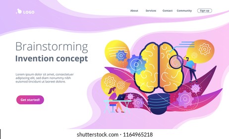 Human brain with gears thinking and users. Brainstorming and invention concept landing page. Creating ideas and imagination, thoughts and business ideas, violet palette. Vector illustration.