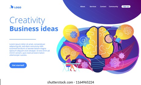 Human brain with gears thinking and users. Creativity and business ideas landing page. Brainstorming and imagination, thinking and invention concept, violet palette. Vector illustration.