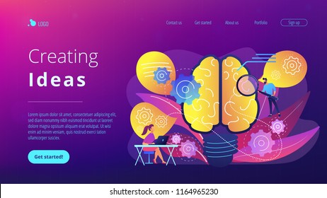 Human brain with gears thinking and users. Creating ideas concept landing page. Thoughts and brainstorming, creativity and business ideas, invention. Vector illustration on ultraviolet background.