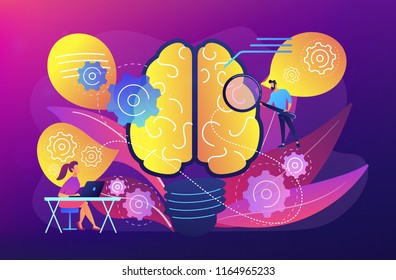 Human brain with gears thinking and users. Creating ideas and thoughts, brainstorming, creativity and business ideas, thinking concept, violet palette. Vector illustration on ultraviolet background.