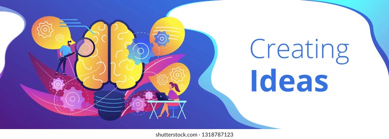 Human brain with gears thinking and users. Creating ideas concept landing page. Thoughts and brainstorming, creativity and business ideas, invention. Header or footer banner template.