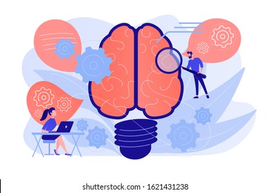 El cerebro humano con el pensamiento de los engranajes y los usuarios. Crear ideas y pensamientos, lluvia de ideas, creatividad e ideas de negocios, pensamiento y concepto de invención. Ilustración aislada del vector.