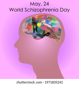 Human brain generated with colorful mosaic tiles as chaotic disorder. World Schizophrenia Day concept. Vector illustration.