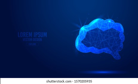Human brain geometric lines, low poly style wireframe vector banner template. Isolated medicine science technology concept blue background polygonal 3d abstract.