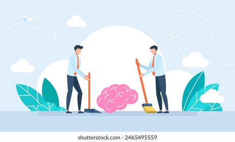 The human brain gets rid of bad thoughts. Two men sweep the brain into a scoop. Clean mind. Suitable for business, web, health, and cleaning. Vector illustration