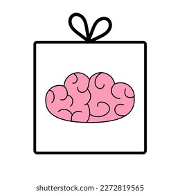 Human brain in gift box with bow. Flat design. White background. Isolated. Vector
