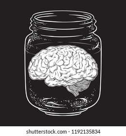 Human brain in glass jar isolated. Sticker, print or blackwork tattoo design hand drawn vector illustration.