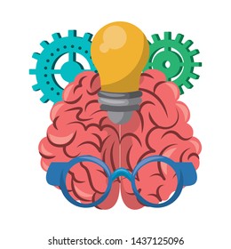 human brain with glasses and gears with bulb light cartoon vector illustration graphic design