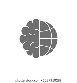 Human brain with globe earth grey fill icon. Global technology, internet, social network symbol design.