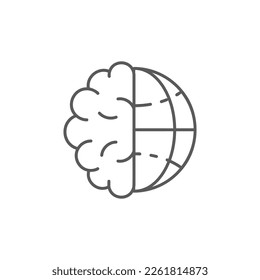 Human brain with globe earth lineal icon. Global technology, internet, social network symbol design.