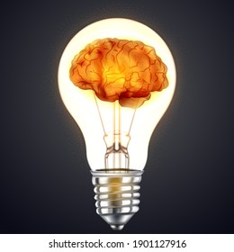 El cerebro humano resplandece dentro de la bombilla de luz sobre el fondo oscuro como concepto de idea de negocio. ilustración vectorial eps10.