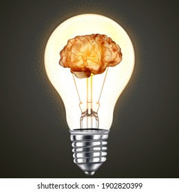 Human brain glowing inside of light bulb on dark background as business idea concept. vector illustration eps10.