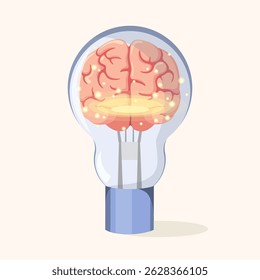 The human brain glows in a light bulb. A thought process, an idea. Vector illustration.