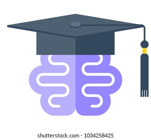 Human brain in the graduate hat. Vector flat illustration of mind symbol in the academic hat with tassel. The graduation, education, scientific, studying concept icon isolated on white background.