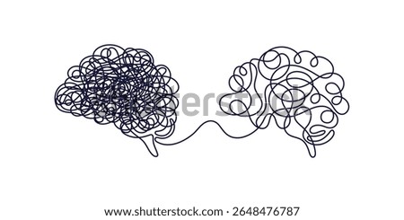 Human brain. Graphic chaos and order. Vector continuous simple line. Hand drawn doodle abstract sketch. Vector concept isolated on white backdrop. Editable stroke