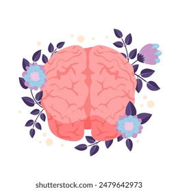 Cerebro humano con flores azules en crecimiento y ramas con hojas, órgano del sistema nervioso central. Dos hemisferios cerebrales rosados saludables con adorno floral florido lindo Ilustración vectorial de dibujos animados