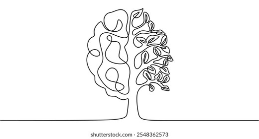 A human brain with a growing tree, illustrated in a continuous one line style, symbolizing psychological growth and development.